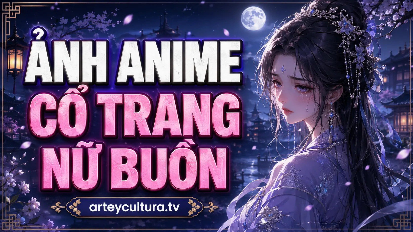 80 Ảnh Anime Nữ Cổ Trang Buồn hoen mi trong khung cảnh lầu các vắng và hoa đào rơi