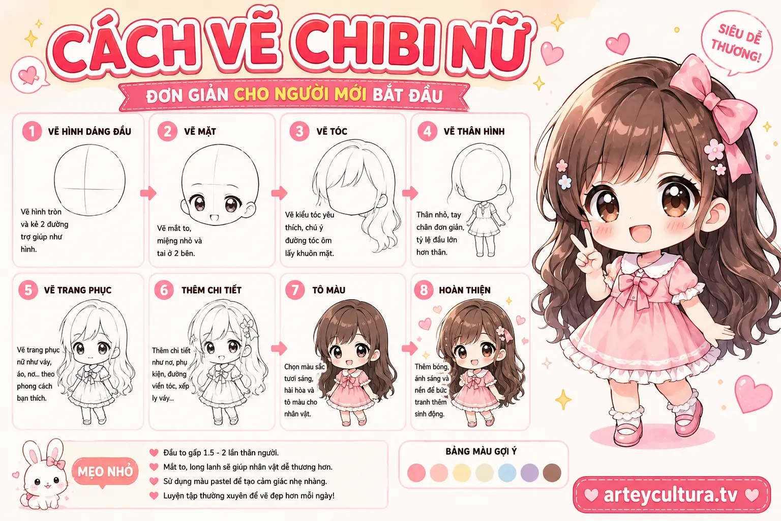 3 Cách Vẽ Chibi Nữ Đơn Giản bằng bút chì phác thảo và chất liệu màu đơn giản với đôi mắt sao và mái tóc mềm mại