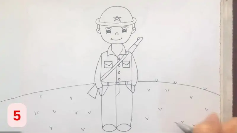 Vẽ chú bộ đội đứng trên nền đất cong, có ba lô và chi tiết trang phục Vẽ chú bộ đội đứng trên nền đất cong, có ba lô và chi tiết trang phục