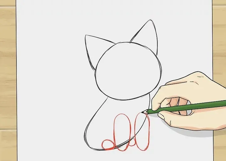 Vẽ thêm bốn chân ngắn bo tròn dưới thân mèo chibi đáng yêu.