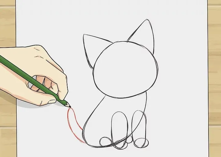 Hoàn thiện dáng ngồi và chiếc đuôi cong mềm của mèo chibi cute.