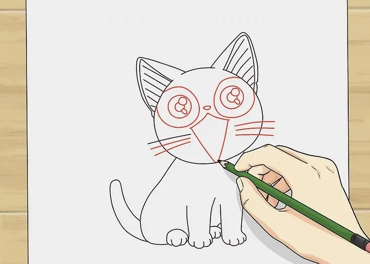 Đi nét chính rõ ràng, bổ sung chi tiết tai, mắt và râu mèo chibi.