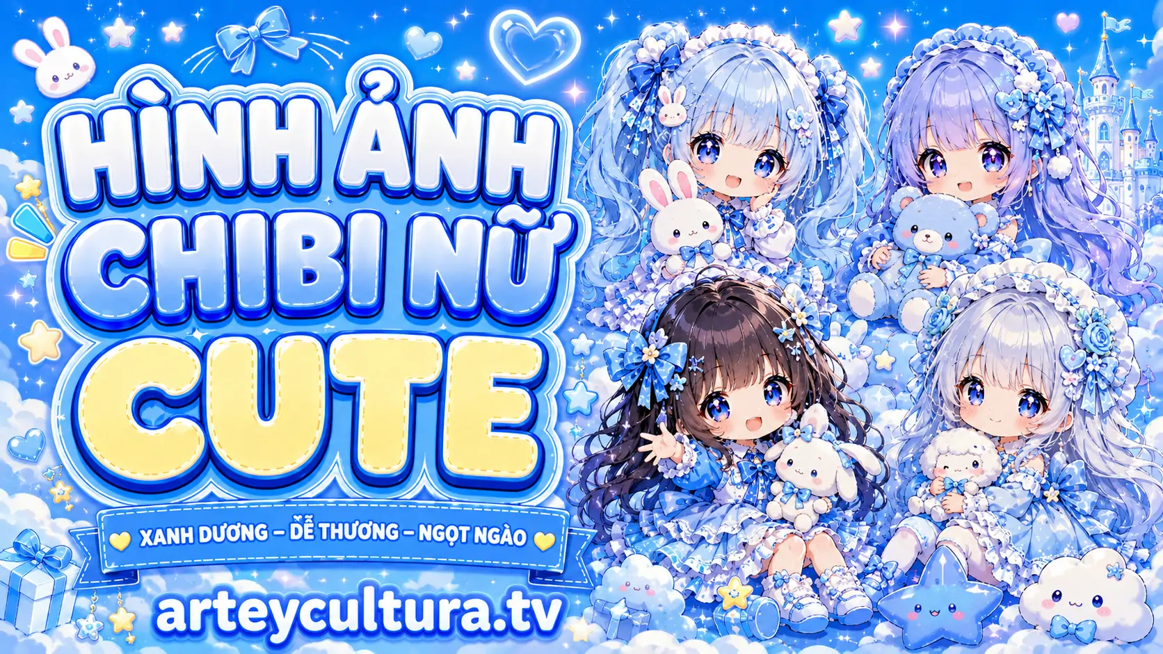 105 Hình Ảnh Chibi Nữ Cute Màu Xanh Dương với váy xòe, nơ tóc và má hồng lại mang cảm giác bình yên
