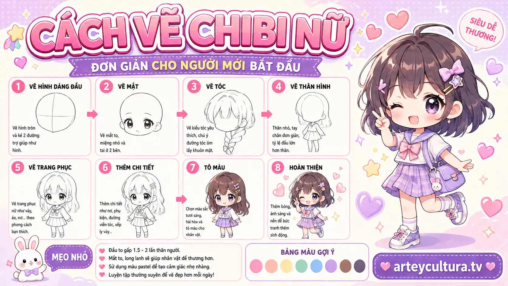 Hướng dẫn cách vẽ chibi nữ đơn giản bằng bút chì, tẩy chì và giấy vẽ chuyên dụng