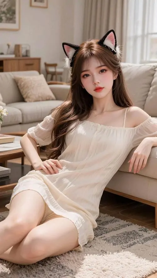 Cô gái tóc dài ngồi trên ghế sofa màu be, váy trắng ngắn ôm gọn, biểu cảm bình thản giữa tông ảnh sáng ấm