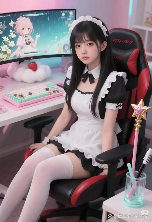 Ghế gaming màu đỏ đen làm nền cho kho ảnh người mẫu váy ngắn, cô gái mặc đồ đen trắng ngồi nhẹ nhàng và nhìn gần