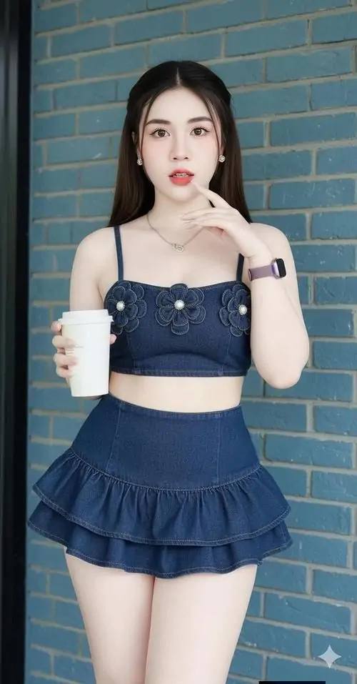 Trước tường gạch xanh, cô gái mặc áo hai dây và chân váy xanh navy, tay cầm ly, ánh mắt hướng thẳng máy ảnh