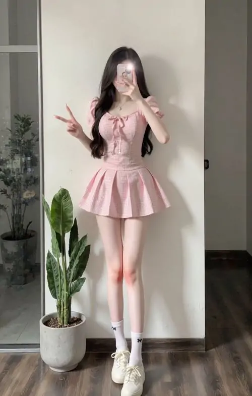 Nền tường trắng và chậu cây làm nổi bật cô gái mặc váy hồng xếp ly, dáng đứng thẳng, mái tóc dài tạo vẻ ngọt ngào