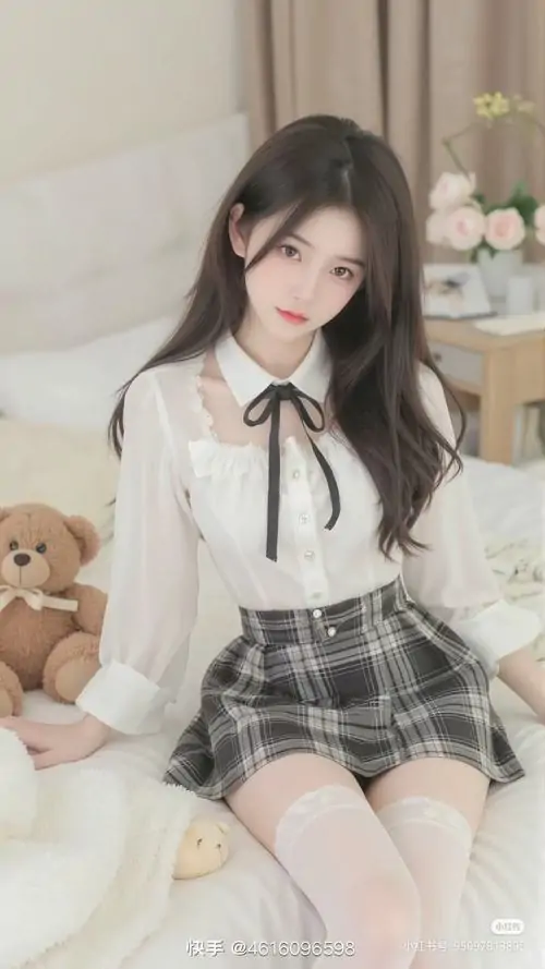 Trong căn phòng sáng, ảnh thiếu nữ váy ngắn phong cách Hàn hiện lên qua áo trắng thắt nơ đen và chân váy kẻ mềm