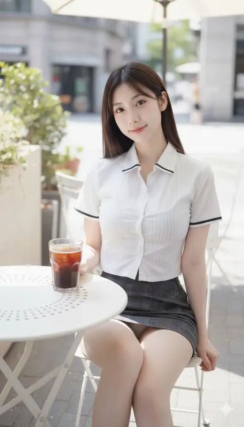 Chiếc váy kẻ ca rô phối cùng áo len mỏng tạo vẻ học đường nhẹ nhàng, cô gái cúi mắt mỉm cười dưới tán cây