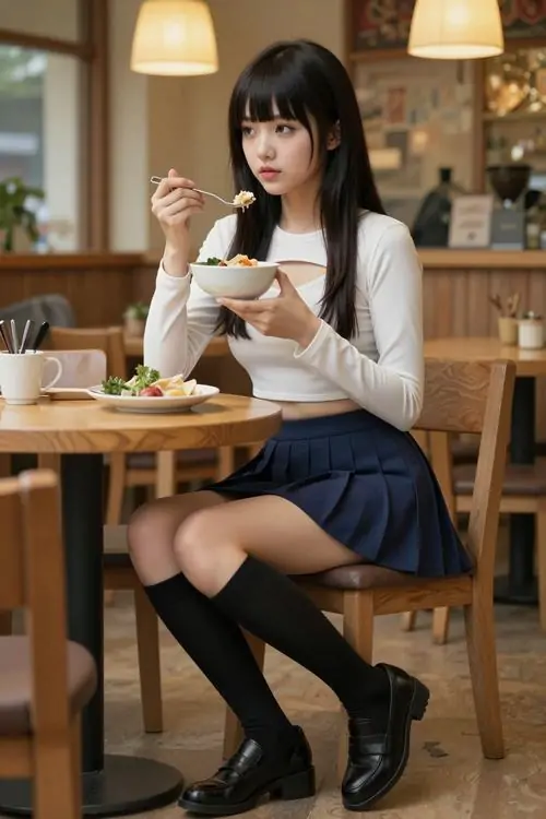 Trong quán cà phê, cô gái mặc áo trắng và váy xanh navy ngồi cạnh bàn, mái tóc dài cùng tư thế tự nhiên rất trẻ