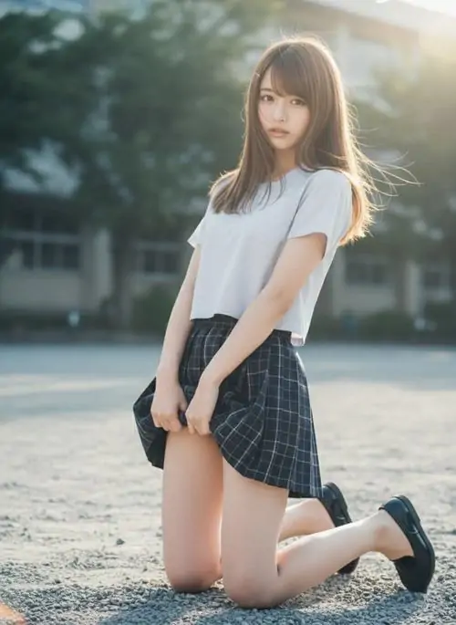 Ánh sáng ngoài trời phủ lên hình nền hot girl váy ngắn, cô gái mặc áo trắng và chân váy kẻ đứng khép tay hiền hòa