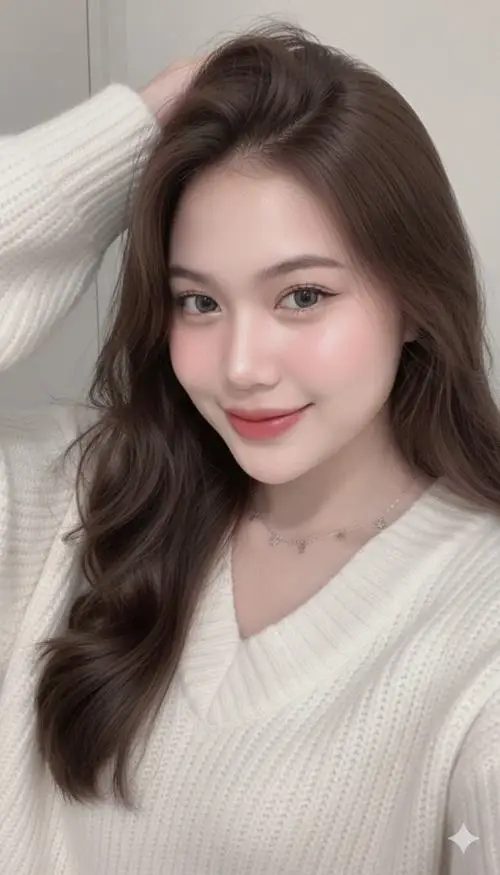 Nền phòng ngủ ấm áp, cô gái tóc nâu mặc áo len trắng nhìn máy, má hồng nhẹ và nụ cười tạo cảm giác thân thiện