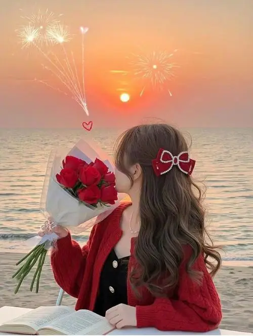 Hoàng hôn bên biển phủ màu cam, cô gái tóc dài buộc nơ đỏ cầm hoa, quay lưng tạo cảm giác yên bình