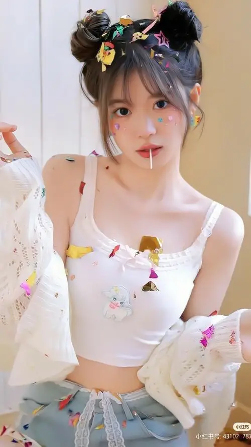 Áo hai dây trắng điểm họa tiết hoa nhỏ giúp cô gái tóc búi cao trông tươi tắn, nền sáng làm biểu cảm thêm trong